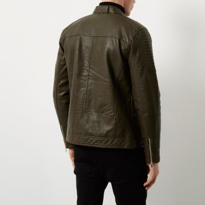 Green racer neck faux leather jacket